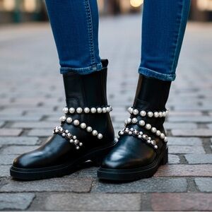 Zara Black Leather Ankle Boots with Pearl-Strap Detail